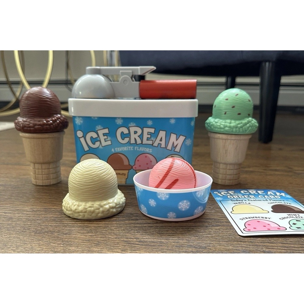 Melissa & Doug Wooden Ice Cream Play Set 4 Flavors 2 Cones Cup & Scooper